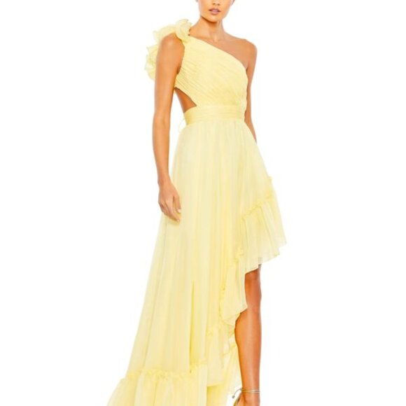 Mac Duggal 67989 Yellow Ruffled One Shoulder Asymmetrical Maxi‎ Gown NEW Size 10 - Picture 2 of 7